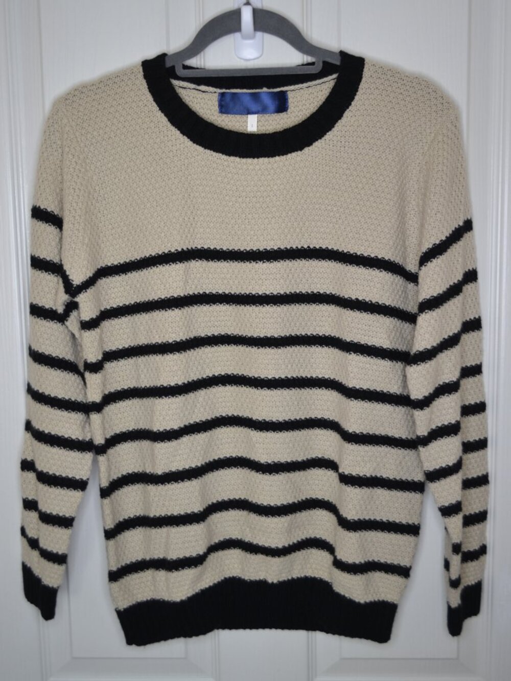 Blue Rain Cream Lightweight Crew Neck Striped Sweater